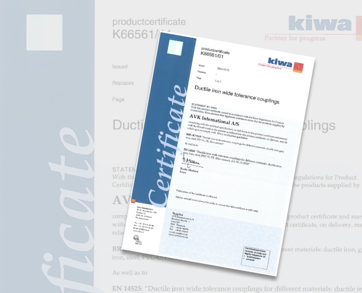 KIWA-certifikat på AVK Supa Maxi™-koblinger