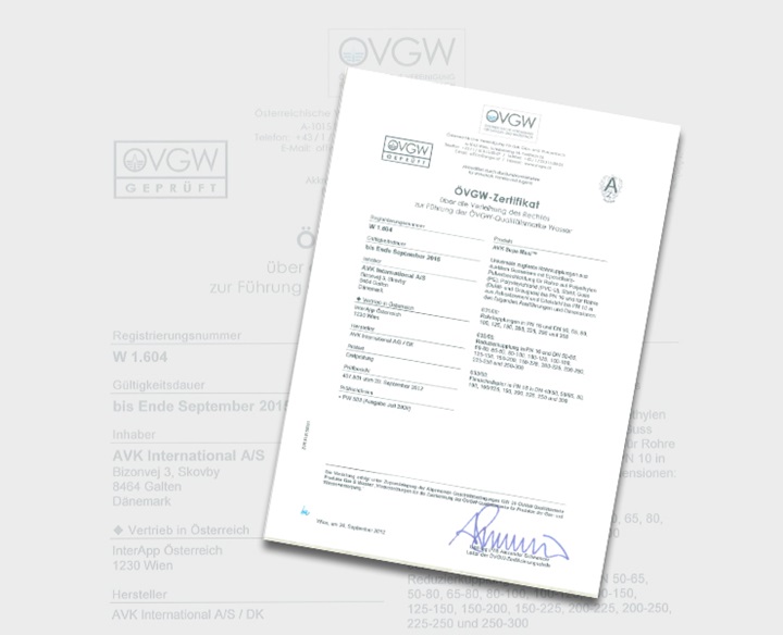 OVGW-certifikat på AVK Supa Maxi™-koblinger